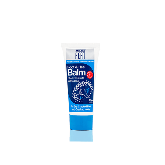 Neat Feat Foot & Heel Balm 10g tube with a blue lid, featuring a simple design with a blue label and white tube.