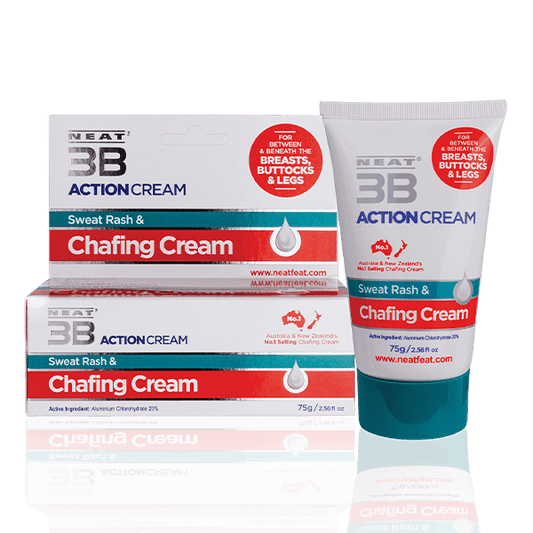 Neat 3B Action Cream 75g for chafing, with the tube and box side by side. The tube is mostly white with a duck blue lid, while the box is mostly white with red and duck blue accents, displaying product branding and information.